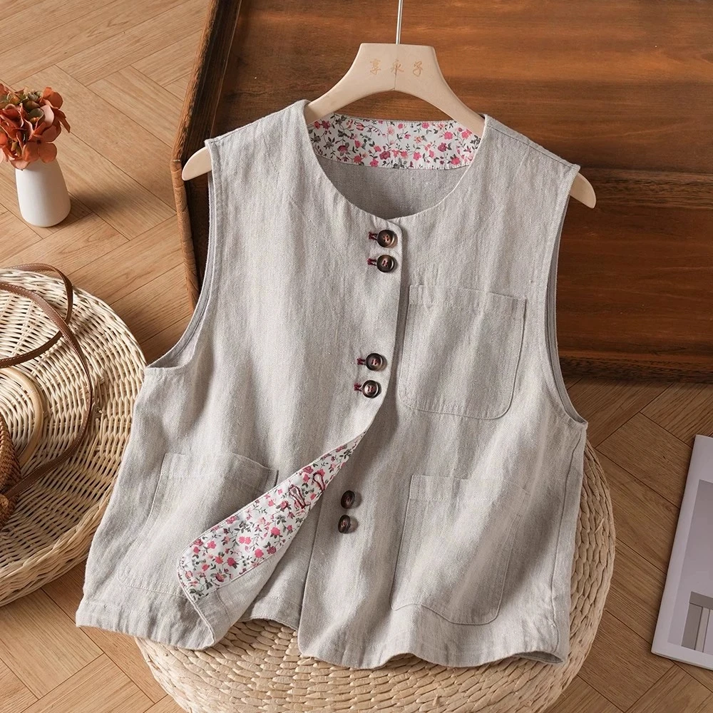 

Retro Linen Vest Jaet Women's Summer Casual Layering Cotton Linen Svel oulder Pad Vest Top Faion Versatile round ...