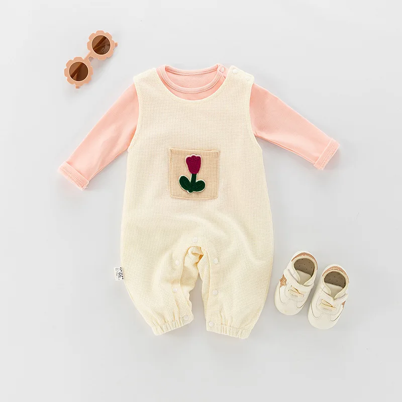 2024 Infant Girls 2PCS Clothes Set Autumn Solid Cotton Shirts Floral Pocket Round Collar Bodysuit Suit Newborn Girls Outfits