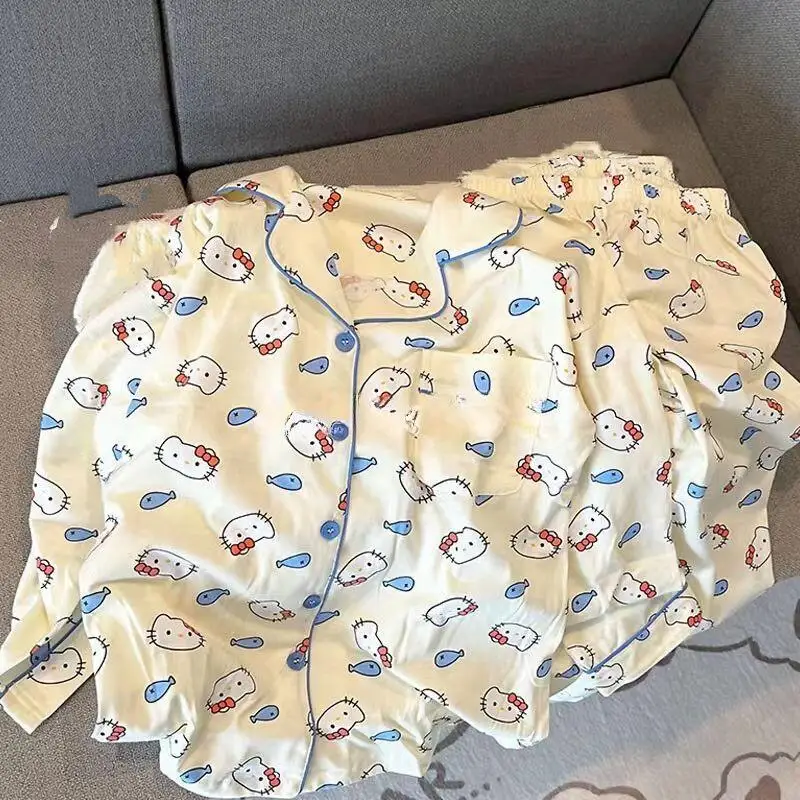 Sanrios مرحبا كيتي طويلة الأكمام منامة 2 قطعة Kawaii طباعة كاملة الكرتون نمط الخريف الطفل السراويل لطيف فتاة لينة ملابس المنزل
