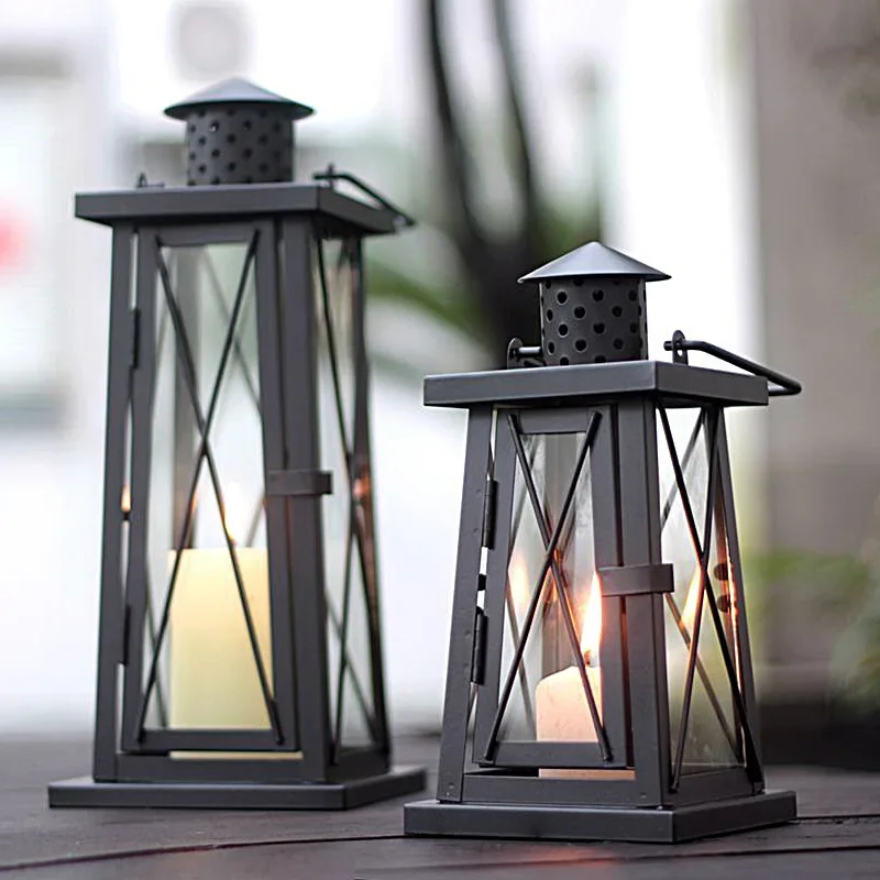 

Candlestick European retro iron windproof portable lantern wedding decoration living room outdoor glass courtyard ornaments