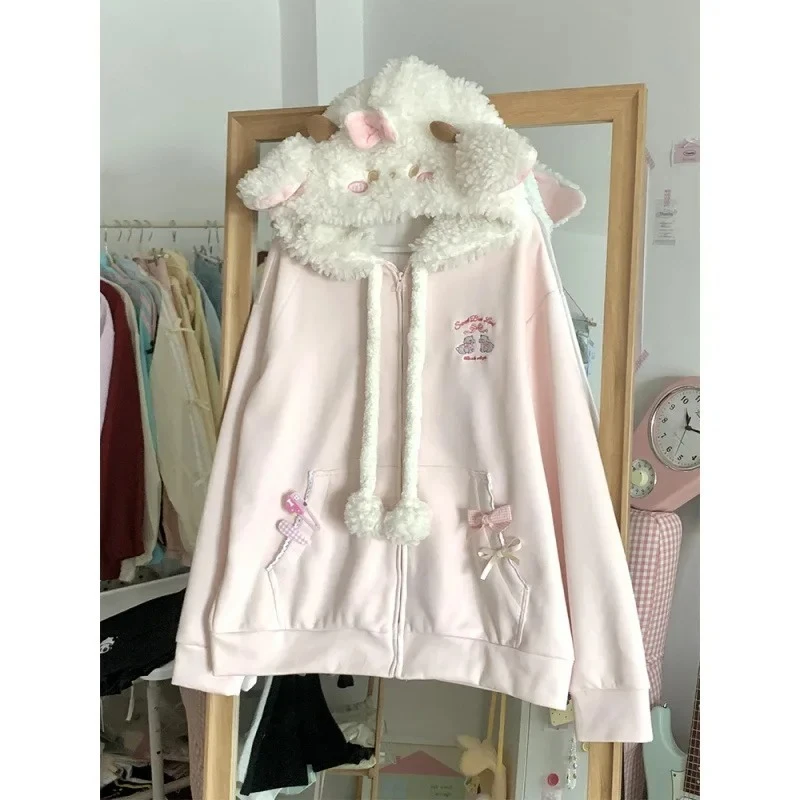 Harajuku Kawaii Coats with Hoodies Women Japanese Sweet Lolita Sweatshirts Kawaii Cartoon Print Y2k Overcoat Fashion Clothes Top