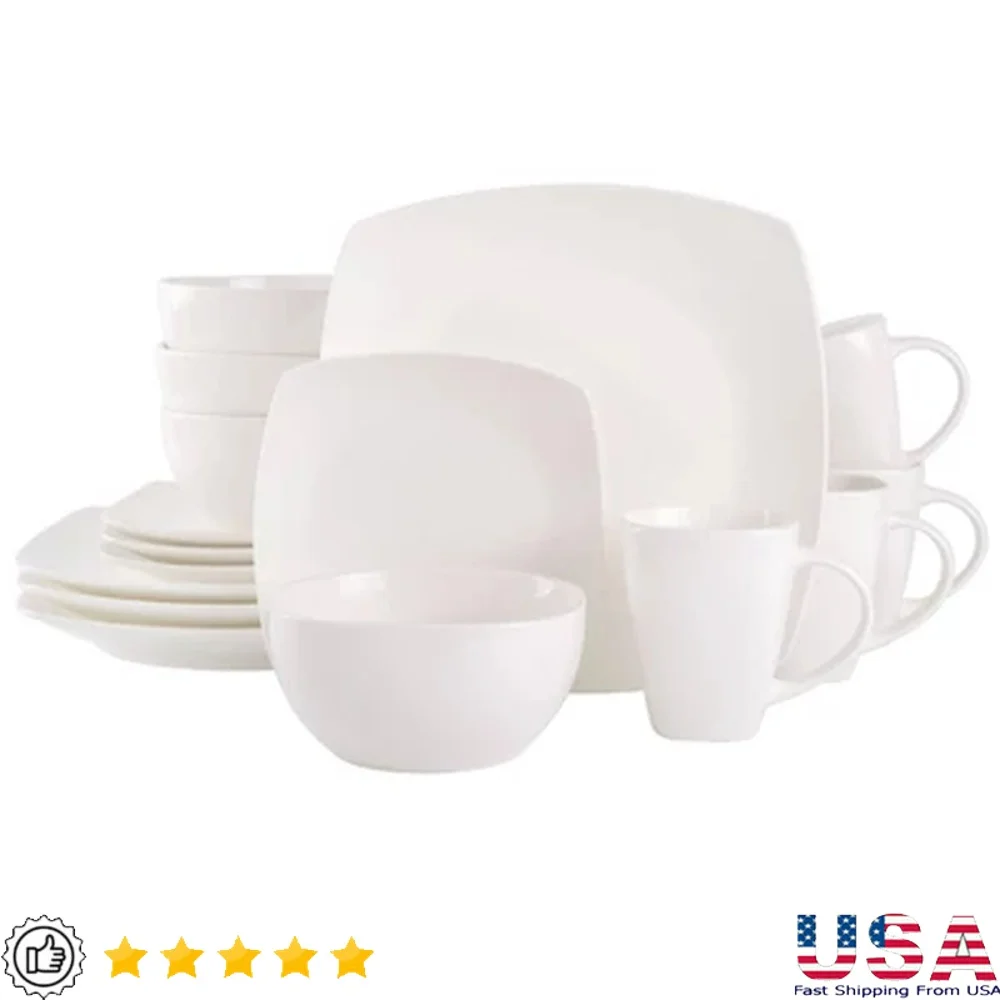 

16pc Stoneware Dinnerware Set Modern Square Porcelain Service 4 Dishwasher Microwave Safe Everyday Use Plates Bowls Mugs
