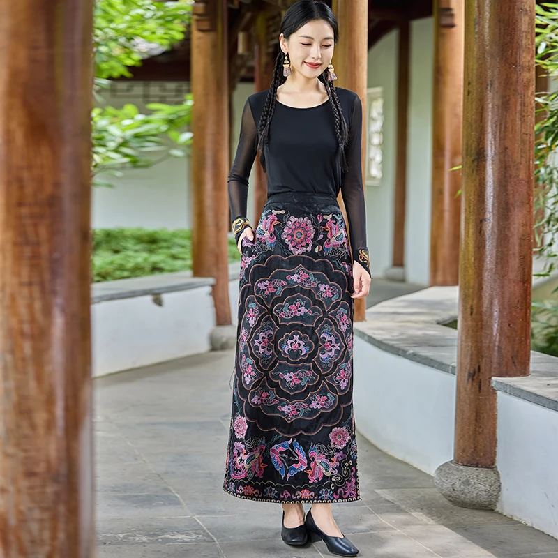 New Heavy Embroidery Elastic Waist Midi Skirt Slimming Versatile Casual Vintage Half-length Skirt for Women A-line Skirt