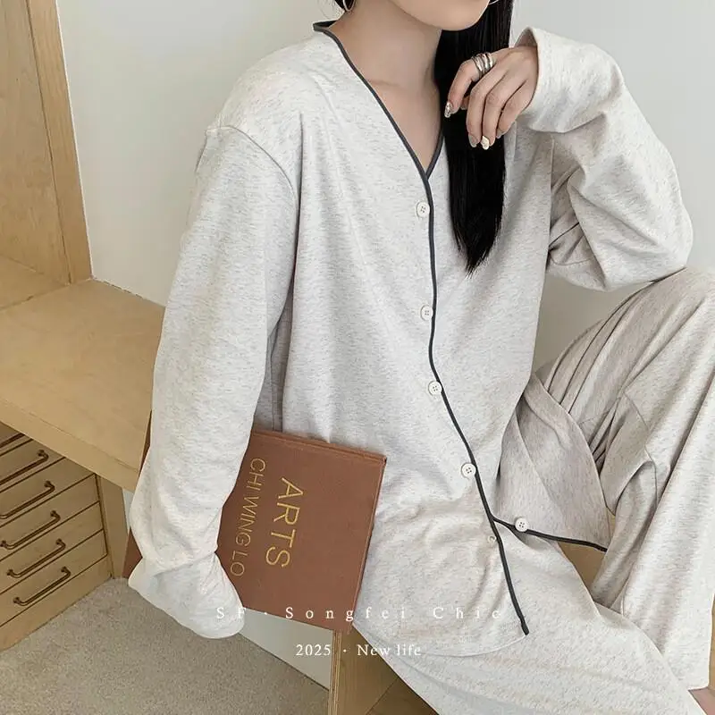 

Women Pajama Set Girl Winter Homewear Gray Relaxed Sleepwear New V Neck Cardigan Long Sleeve Soft Homewear Two Piece Nightwear