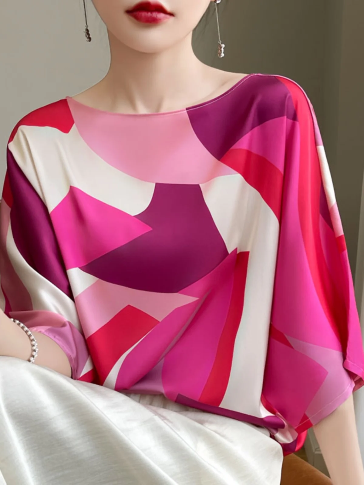 Casual Silk Top round Neck Batwing Sleeve Loose Fit Spring Summer New Style Printed Fashion Women's Clothing Ladylike Commute...