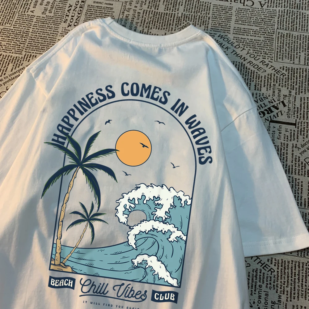 Happiness Comes In Waves Printing Men Women Clothes Fashion Loose Tops Creativity Casual T Shirt Pattern Loose Tshirts Couple image 4