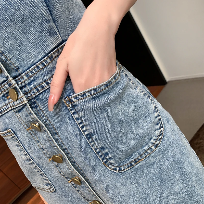 Women Vintage Elegant Fashion Single-breasted Denim Slim Package Hip Dresses 2025 New Summer Sexy Sling Bodycon Dress Vestidos