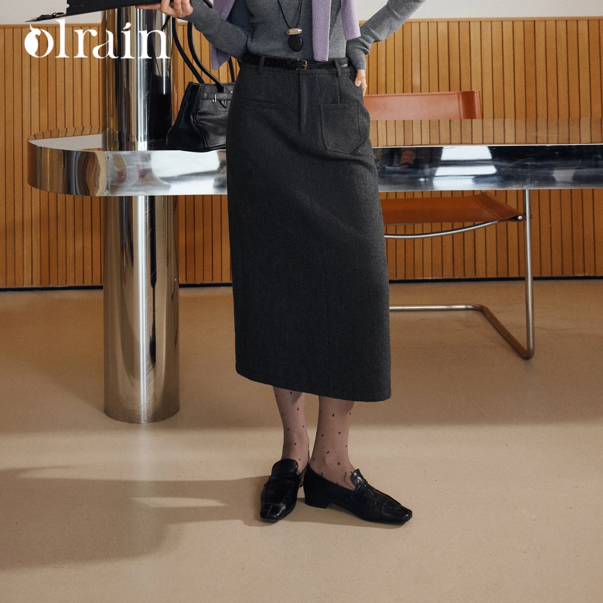

OLrain Women's Gray Wool Straight Skirt 2025 Autumn Winter Back Slit Pockets Design Commuter Elegant Female Skirt O57DB96522