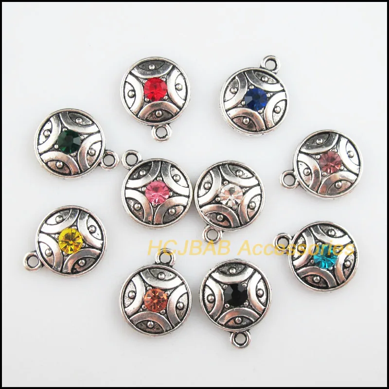 Fashion 10Pcs Tibetan Silver Plated Retro Round Mixed Crystal Charms Pendants 16x20mm