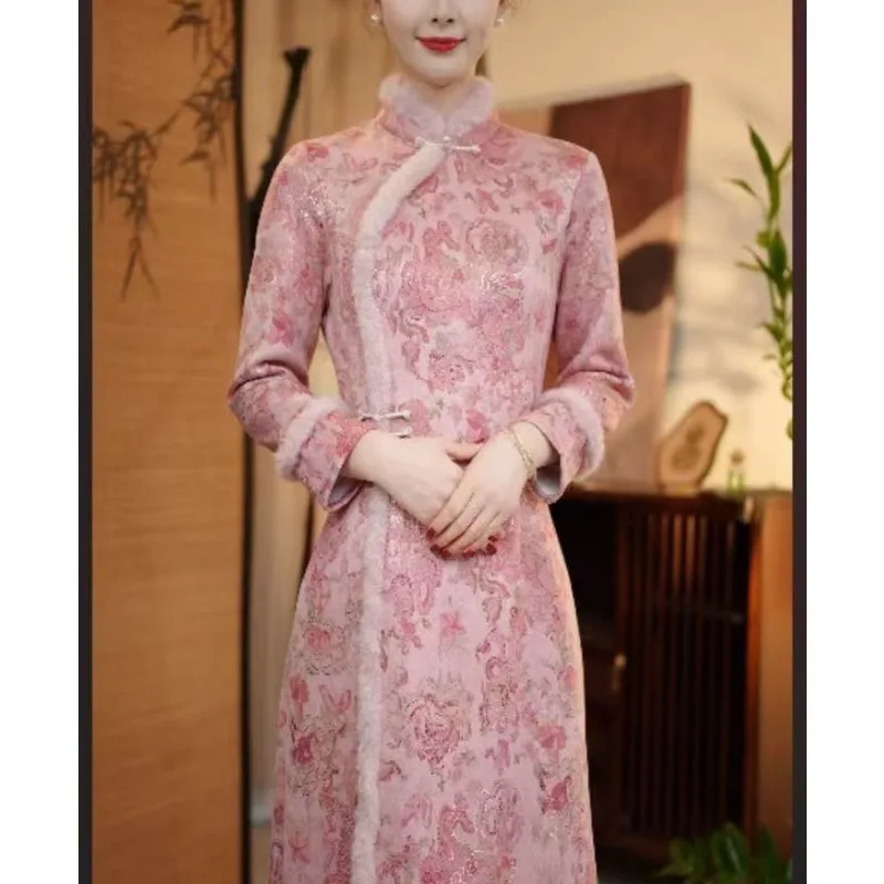 

Winter Long Sleeves Butterfly Buttons Jacquard Dress Chinese-style Daily Autumn Winter Long Velvet Cheongsam Lotus Leaf Sleeves