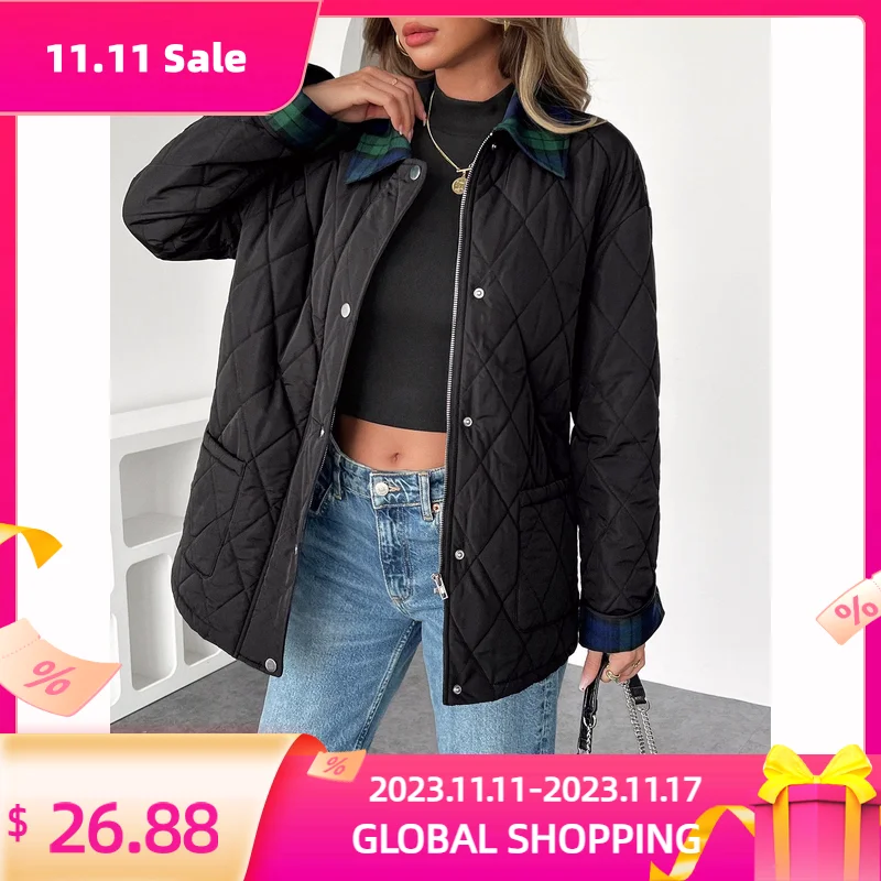 

Autumn Winter Women's Black Cotton Jacket Solid Long Sleeve Elegant Warm Jacket Fashion Casual Pocket Thickened Coat Female