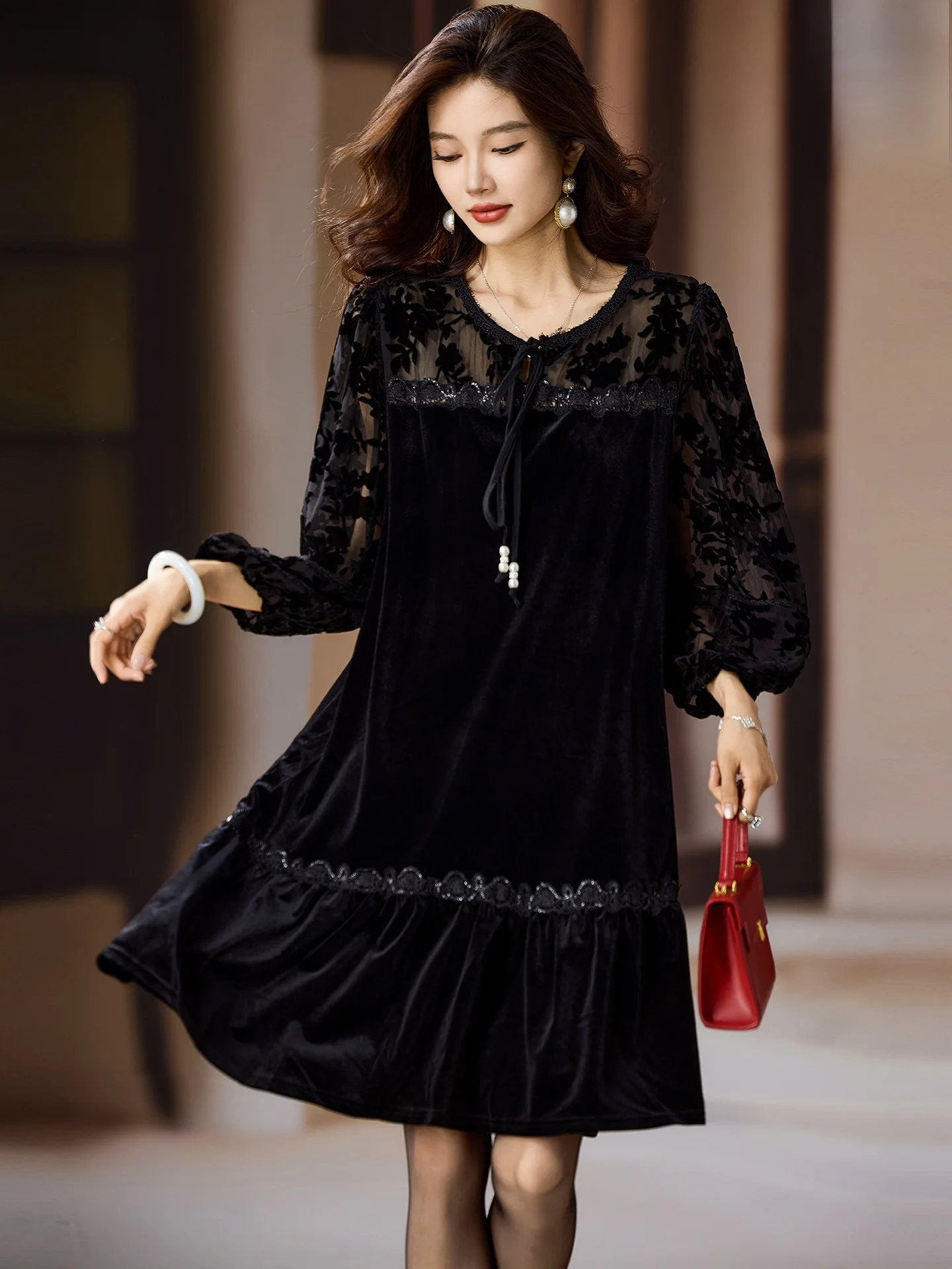 

Street Sle Velvet Dr Women's plus Size Autumn New Loose Waist Long Sve A-Line Skirt Casual round Ne Dr by SuMu