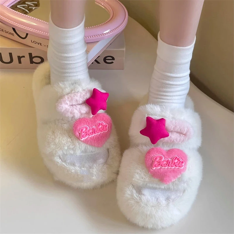 Cartoon Fashion Barbie Autumn and Winter Thick-Soled Fur Slippers for Girls, Cute and Versatile Hot Girl Lamb Wool Flip-Flops