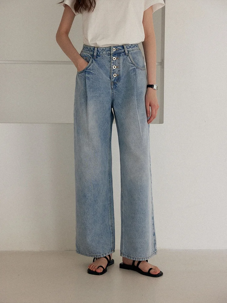 

Джинсы прямого кроя Good Fit для женщин, винтажные, светло-выбеленные, NK4485, с высокой талией, широкие штанины, летние, модные, повседневные, джинсовые