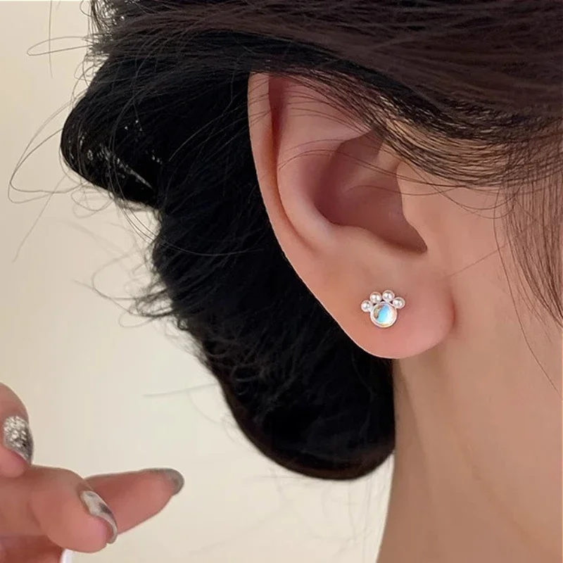 

925 Sterling Silver Geometric Cat Claw Colorful Stone Pearl Stud Earring for Women Fine Jewelry High Luxury Vintage Accessories