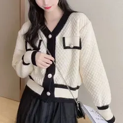 Autunno da donna coreano moda semplicità scollo a V manica lunga temperamento maglieria abbigliamento donna tutto-fiammifero cappotto allentato casual