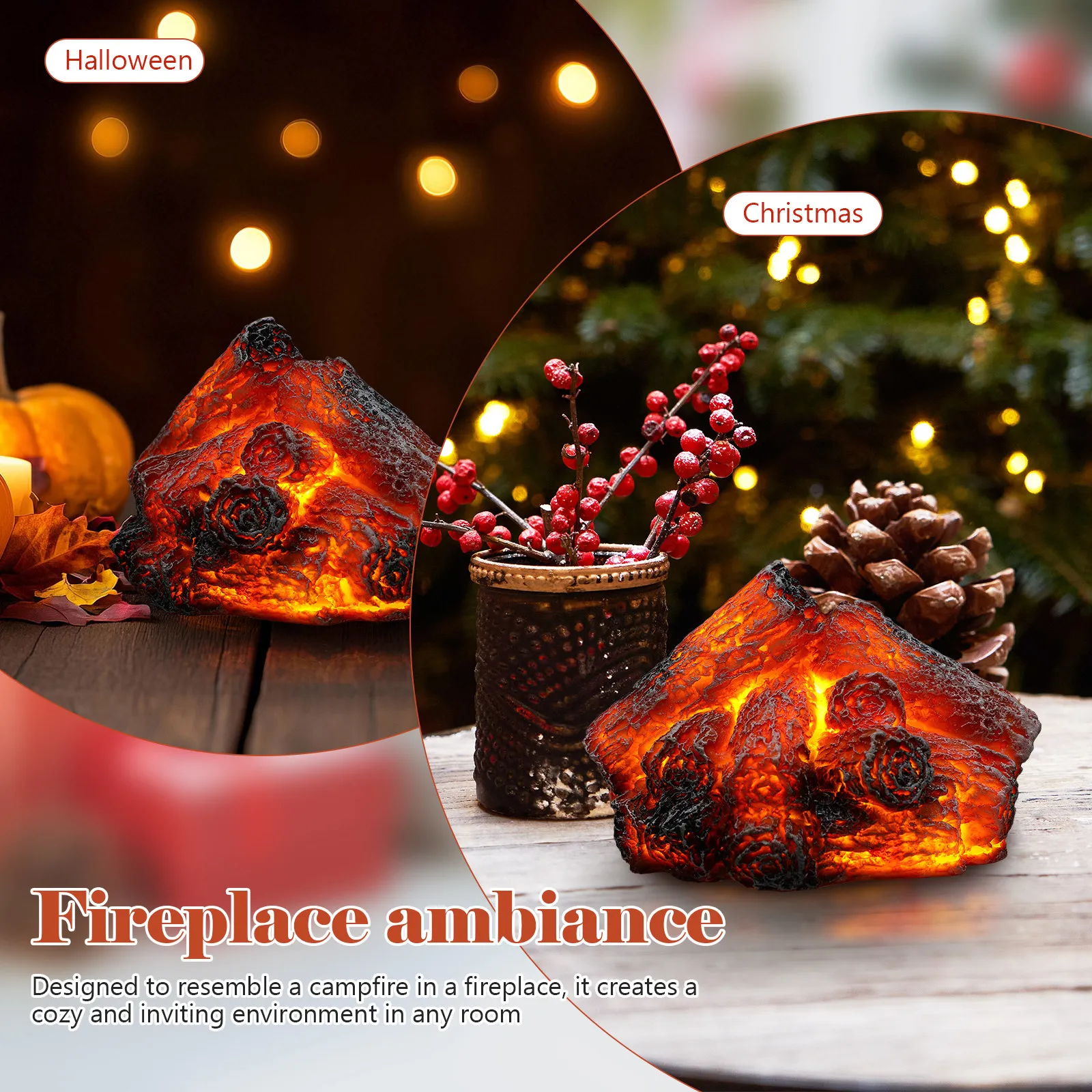 LED Resin Fake Fire Lamp USB Powered Realistic Charcoal Flame Light for Home Fireplace Decor Outdoor Patio Halloween Night Light