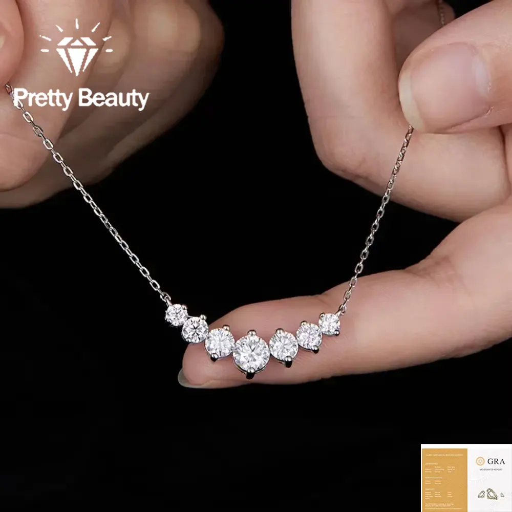 Pretty Beauty 7 Stones Graduated Moissanite Necklace S925 Silver Curved Bar Smile Pendant Necklace Dainty Jewelry Gift for Women