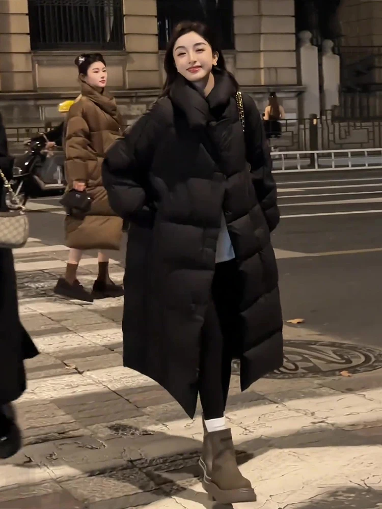 

Модное утепленное длинное черное пуховое пальто для женщин с воротником-стойкой, повседневное, больших размеров, на молнии