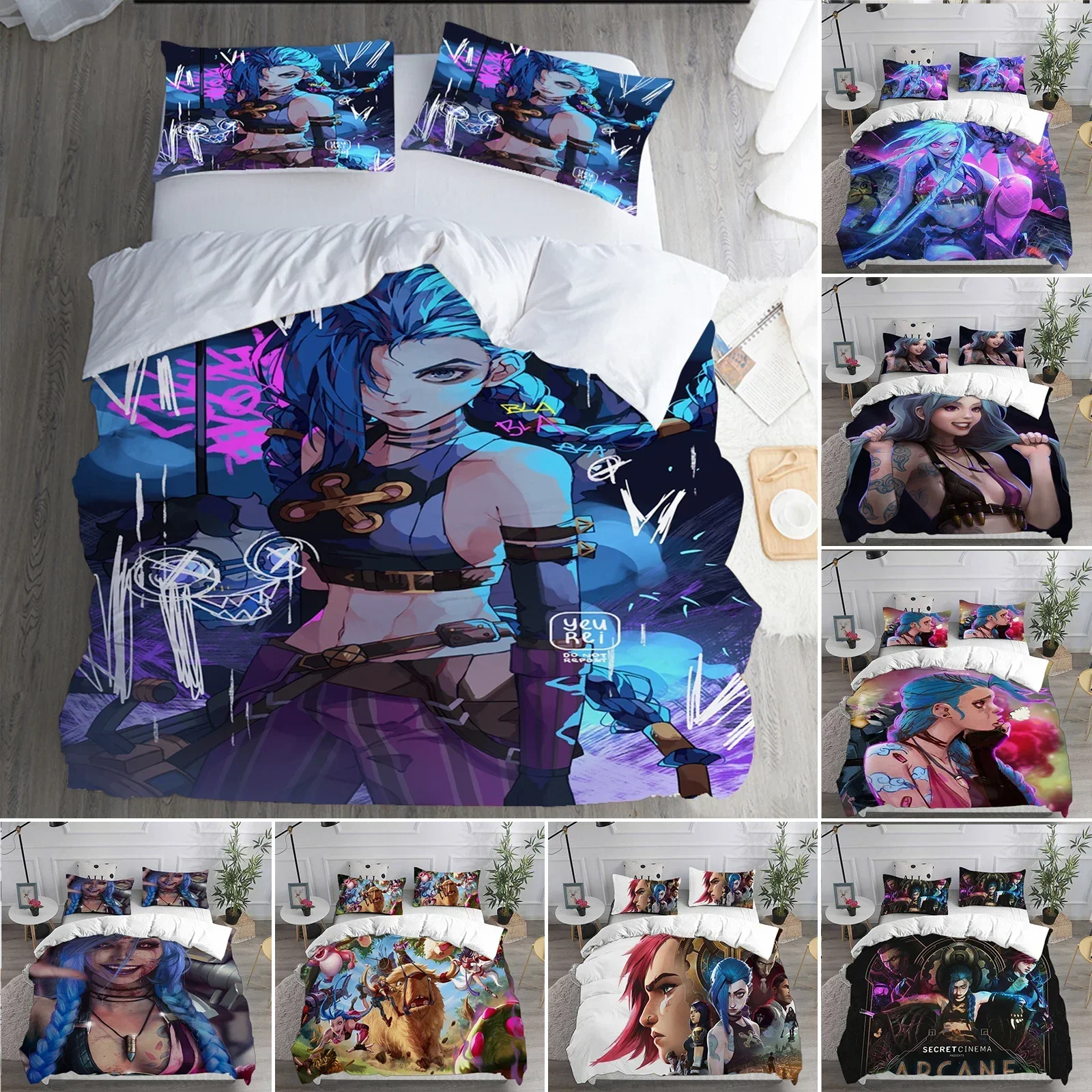 3D Printed Jinx Arcane Bedding Set Pillowcase Duvet Cover Double Twin Full Queen King Adult Kids Bedclothes Quilt Cover