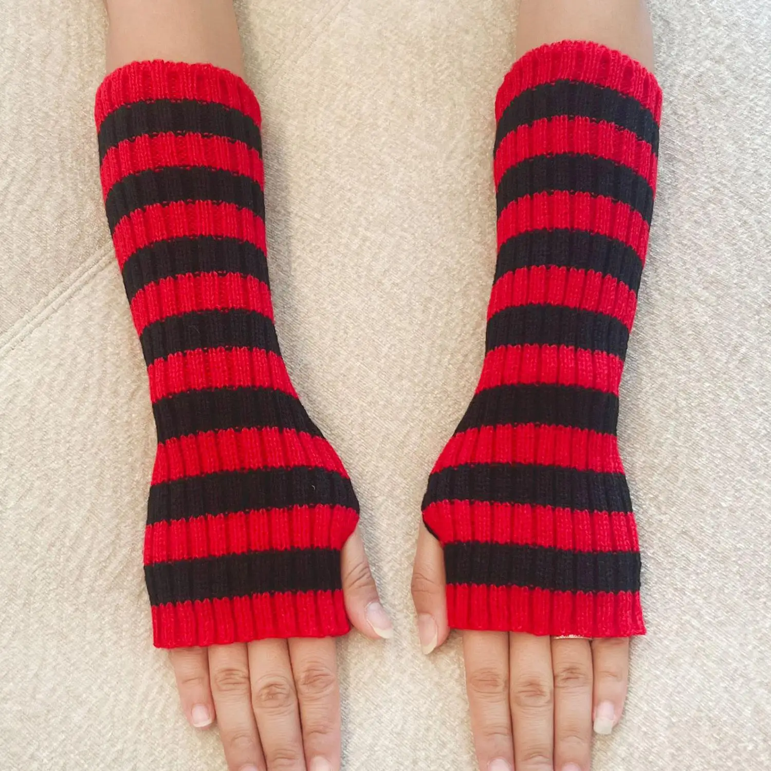 

Knitted Arm Warm Gloves Goth Arm Warmers Half Finger Long Wrist Gloves False Sleeves Stripe Elbow Mittens Autumn Winter