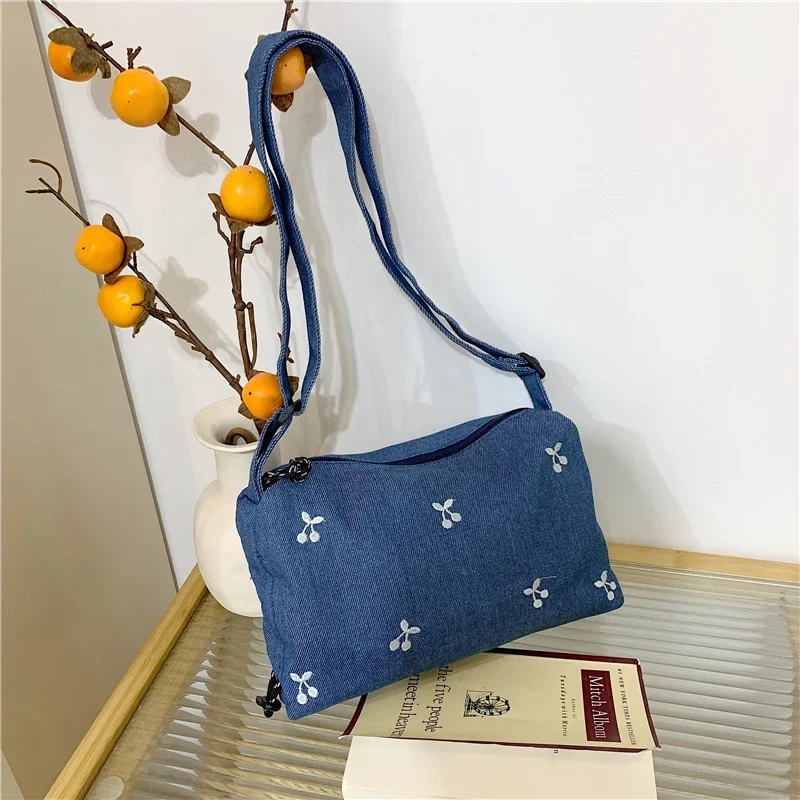 

Denim Embroidery Flower Design Top-Handle Bags Women's Bags on Sale 2025 New Versatile Solid Zipper High Quality Shoulder Bags