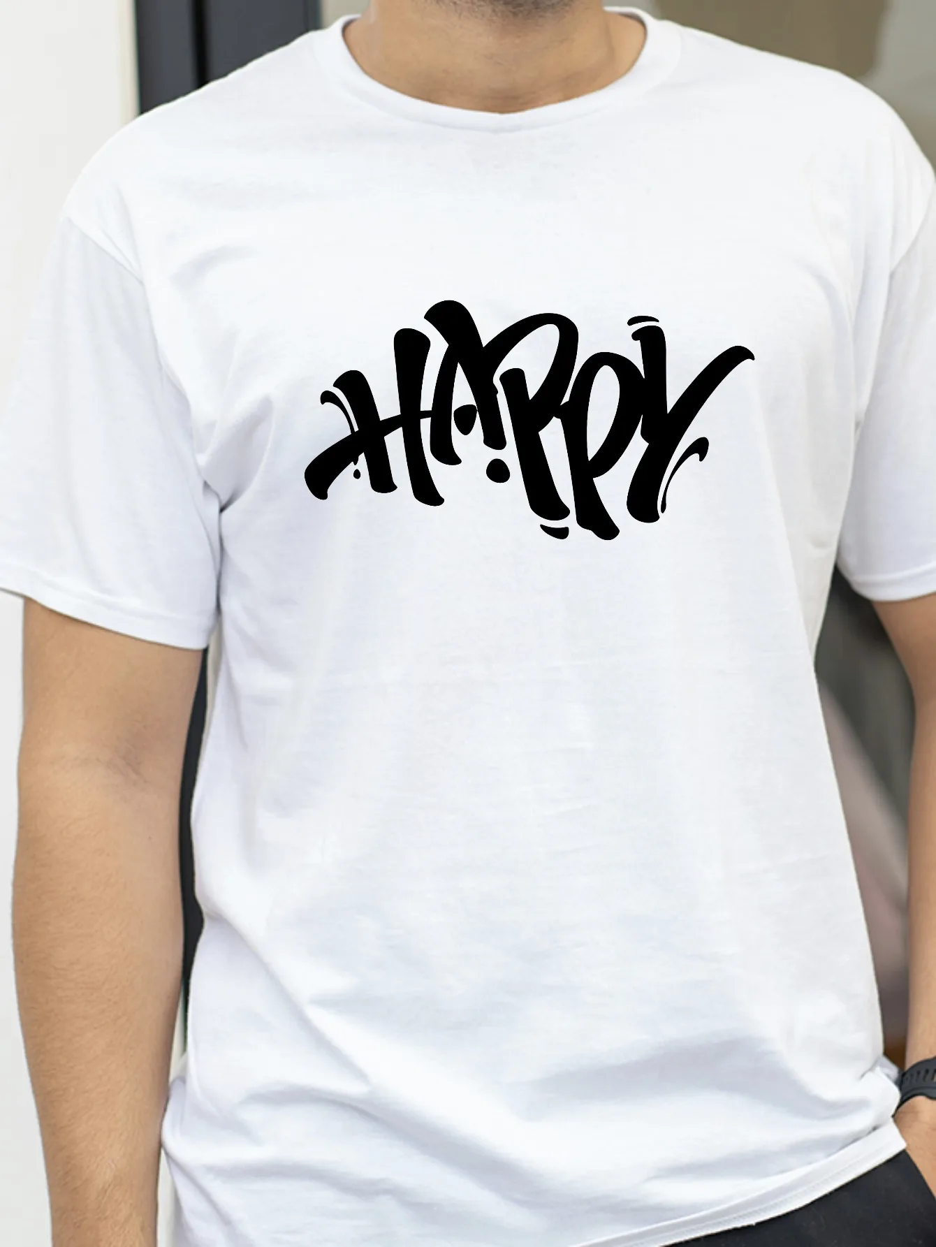 

Happy Artistic Fonts Printing T-shirt For Men Wowen Cotton Summer Comfortable Breathable Short-Sleeved Tops Tees