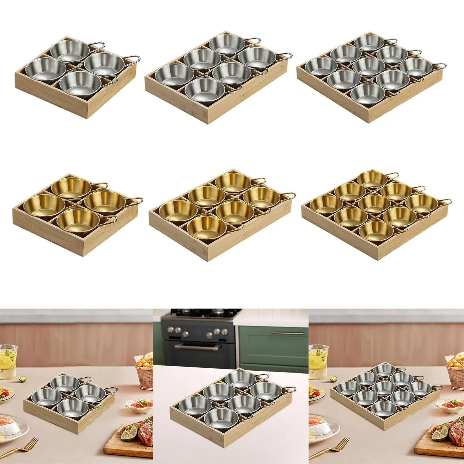 Sauce Dishes with Wood Tray Divided Condiment Container Chip and Dip Serving Set for Holiday Home Warming Wedding Outdoor Picnic