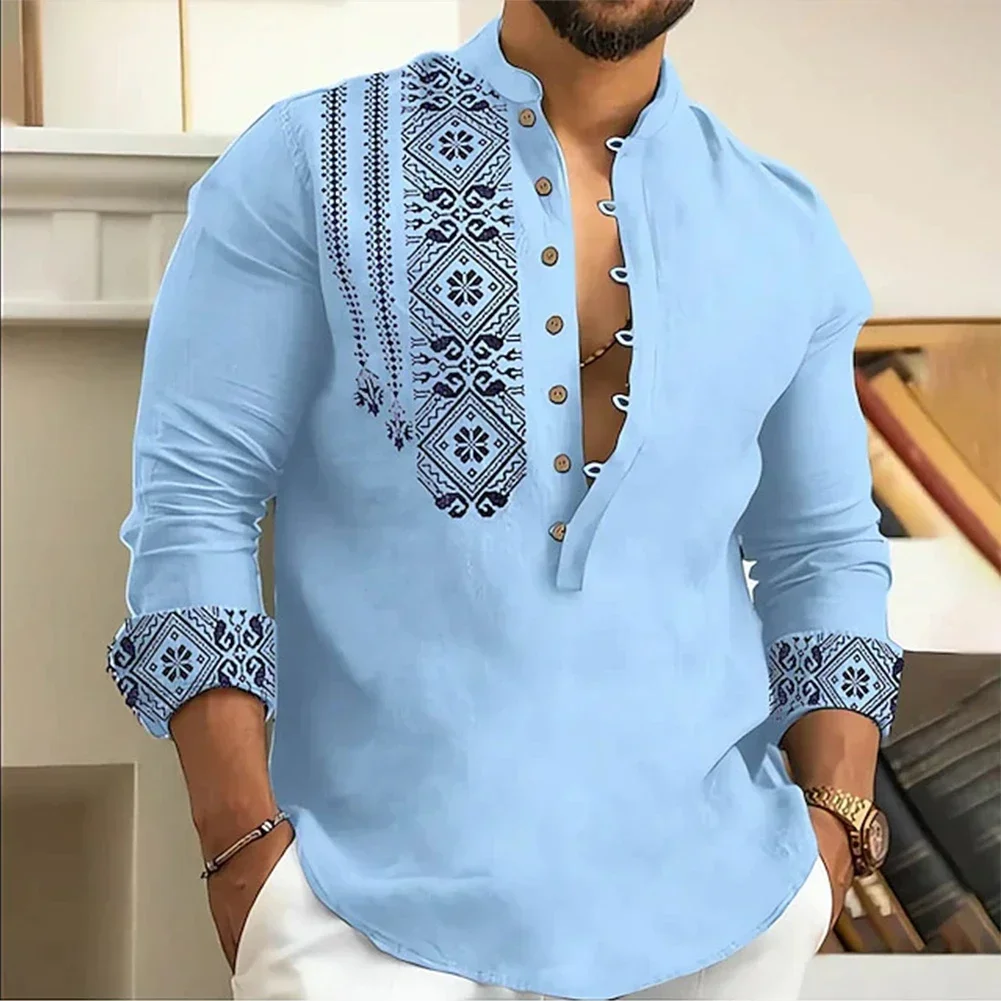 

Men's Casual Loose Henley V Neck T Shirts, Button Down Shirt Blouse With Long Sleeves, Perfect For Summer Fashion