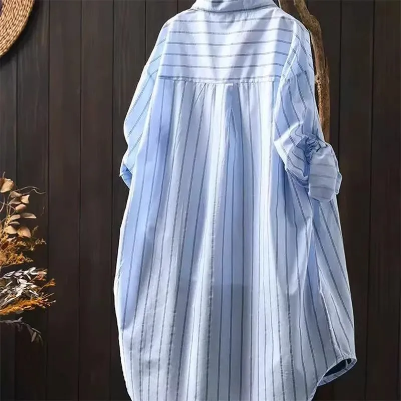 

Summer Large Size 300 Pounds Vertical Stripes Long Sleeve Sun Protection Shirt Men's Women's Thin Loose Casual Shirt Coat