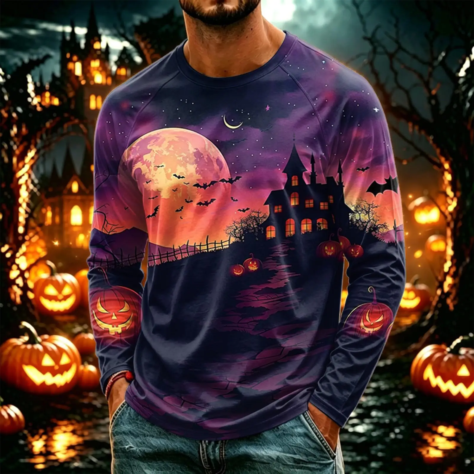 Men Long Sleeve T‑Shirt Halloween 3D Print Pumpkin Ghost Castle Owl Graphic Casual Holiday Party Tee