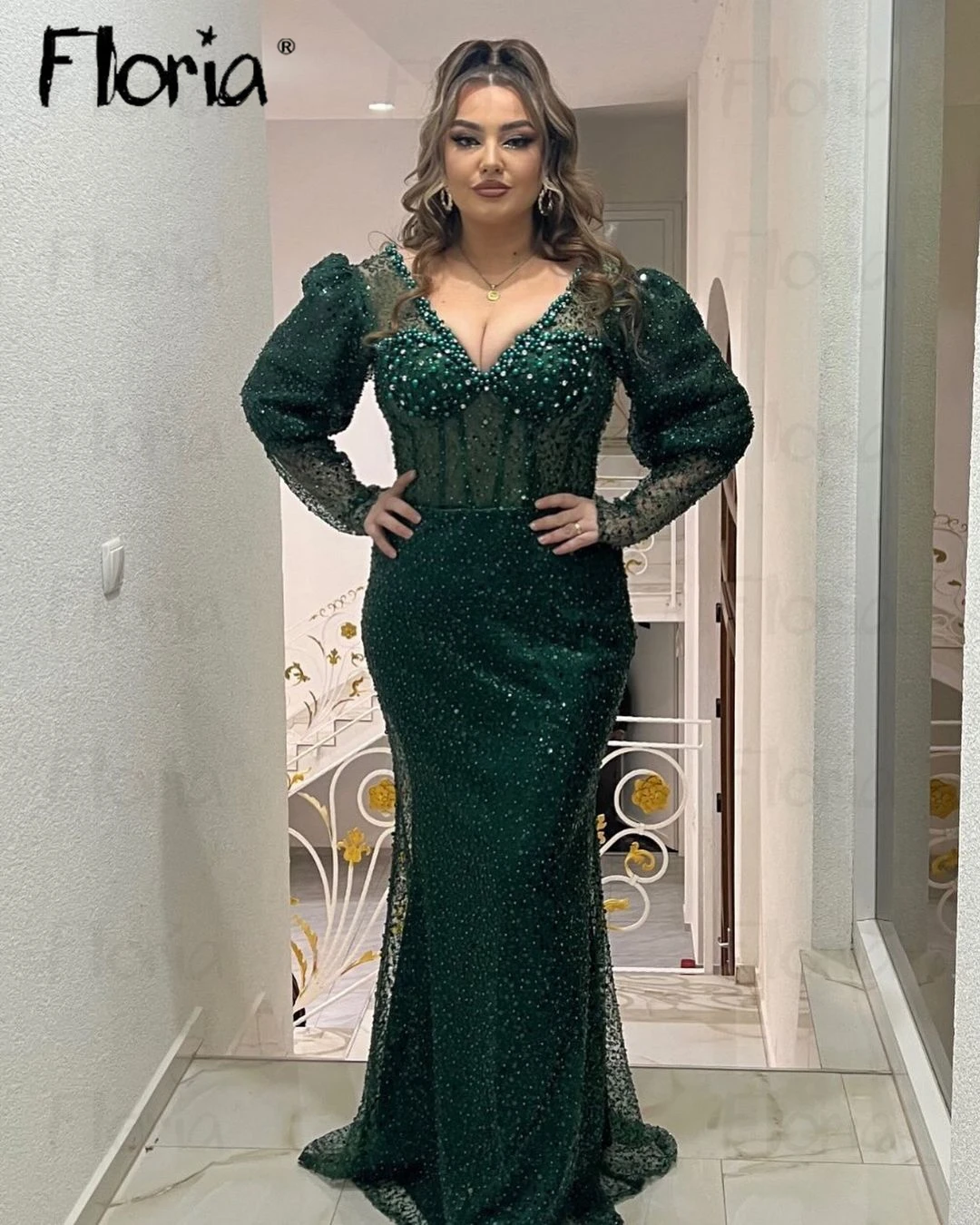 

Elegant Pearls Mermaid Long Sleeves Evening Dresses Arabic V Neck Sequins Formal Prom Party Gowns WOmen 2024 Vestido De Noiva