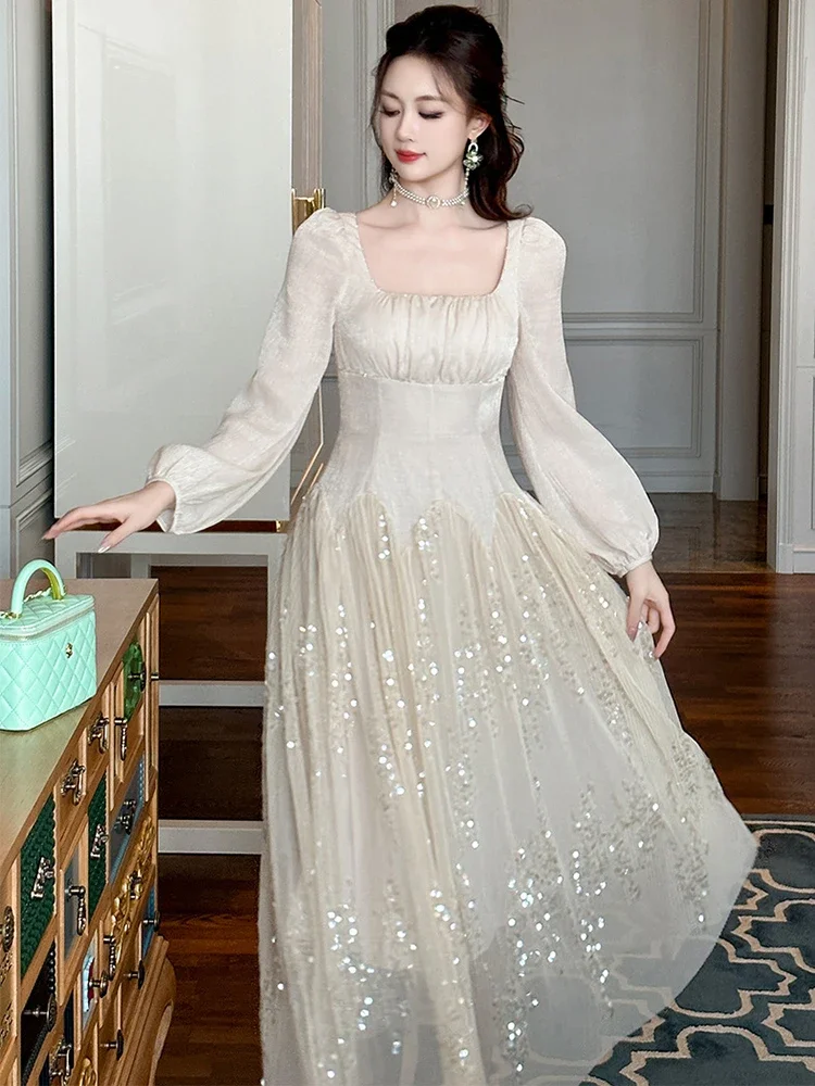 

Women Clothes Vintage Puff Sleeve Slim A-Line Dress Elegant Ladies French Fashion Sequin Evening Robe Party Prom Vestidos Autumn