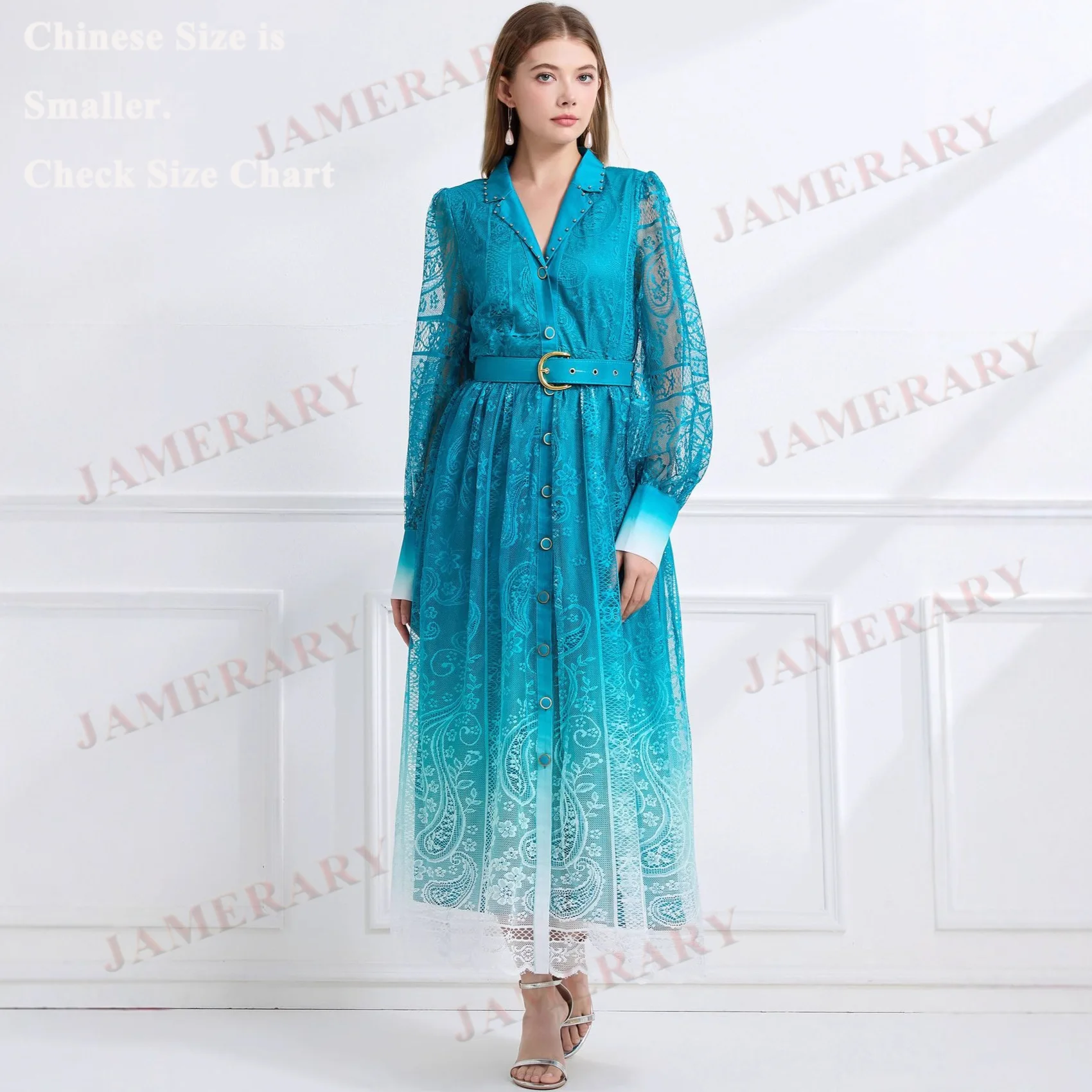 エレガントな秋のロングスリーブ花柄マキシドレスシャツ、女性用、透かし彫り刺繍レースドレス、パーティーブランド