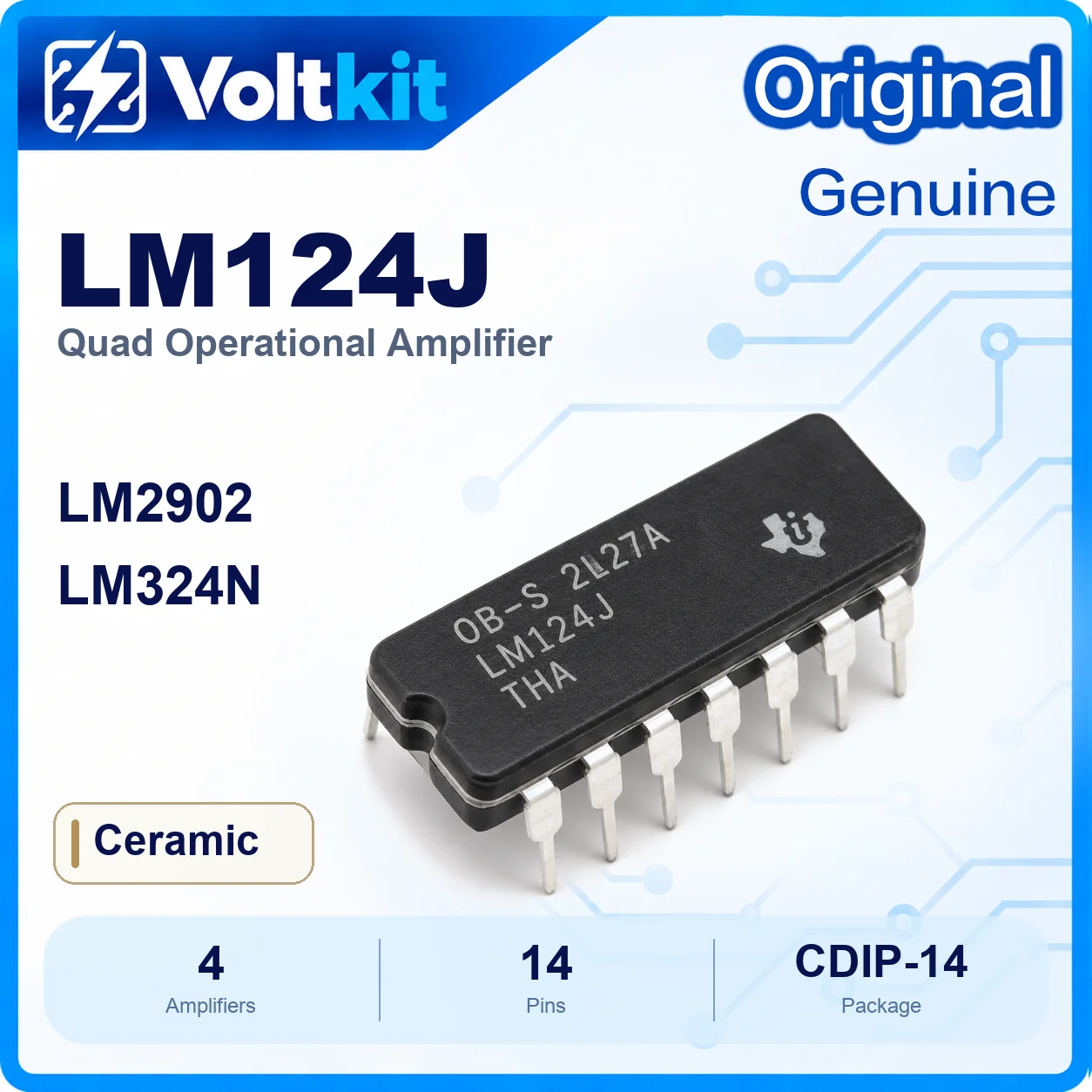2PCS LM124J LM124 Ceramic CDIP-14 Quad Operational Amplifier -55 to 125C Military Temp Op Amp LM324N LM2902N