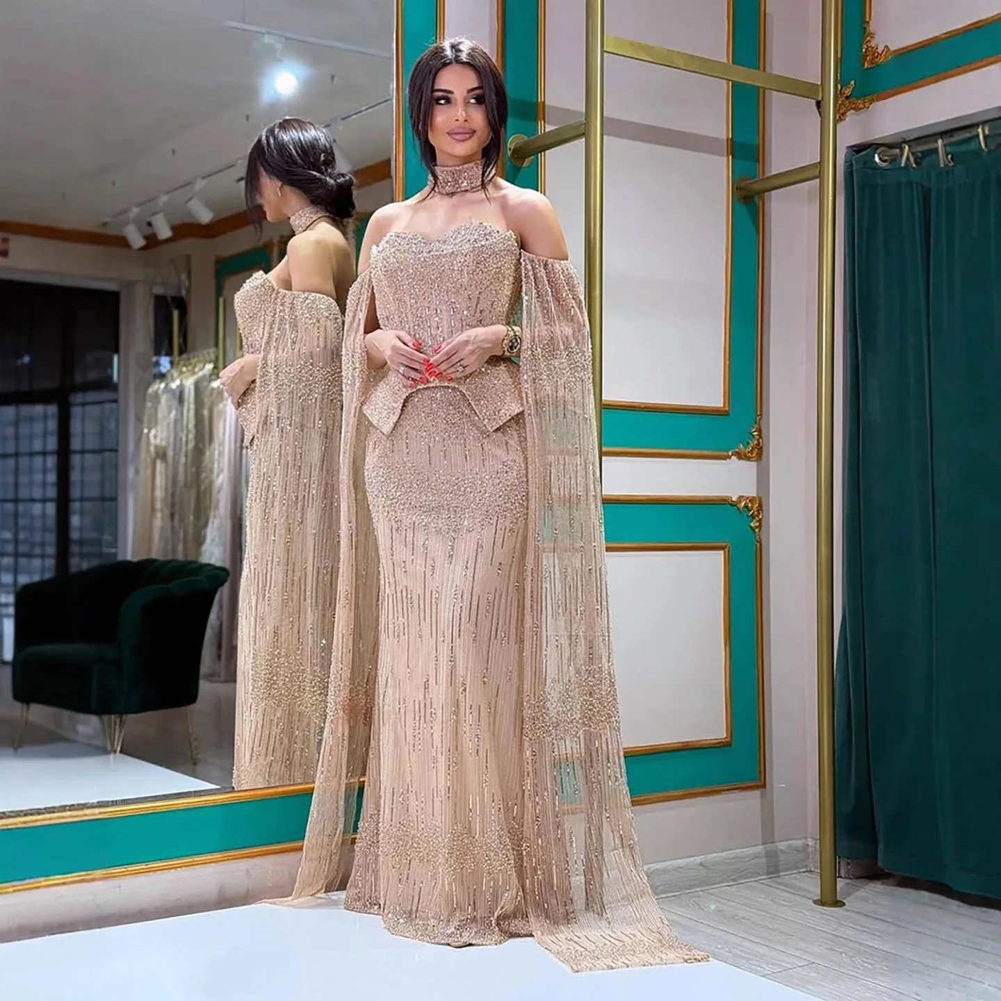 Eshault&bridal Luxury Beaded Mermaid Evening Dress Sheer Cape 2026 Long Formal Gown for Arabic Dubai Wedding Party Cstomized