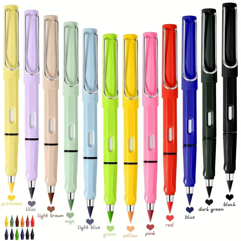 Lápis infinito colorido com borracha, duradouro, escrita, desenho, sem nitidez, lápis eterno para a escola, material de escritório, 12pcs