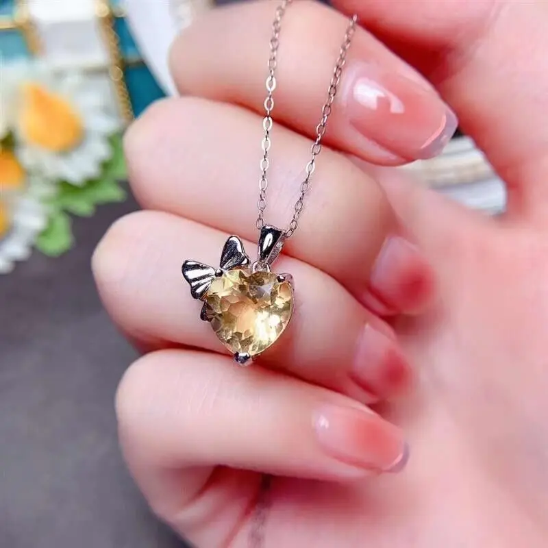 

MeiBaPJ Natural Citrine Gemstone Heart Pendant Necklace 925 Pure Silver Fine Party Charm Jewelry for Women