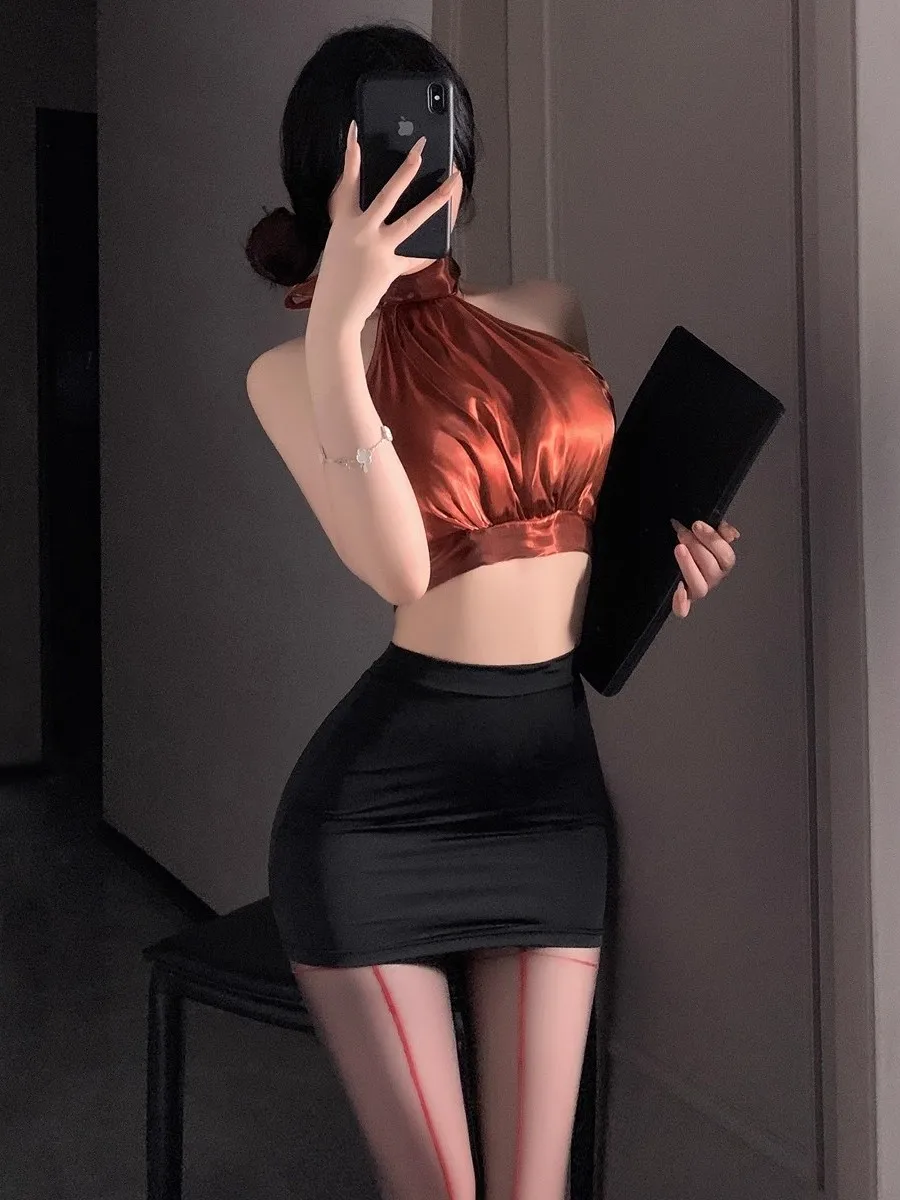 

Sexy Retro OL Secretary Teacher orm Color Blo Ne Hanging Bal ort Top Skirt Set Women's Faion Set ort Skirt