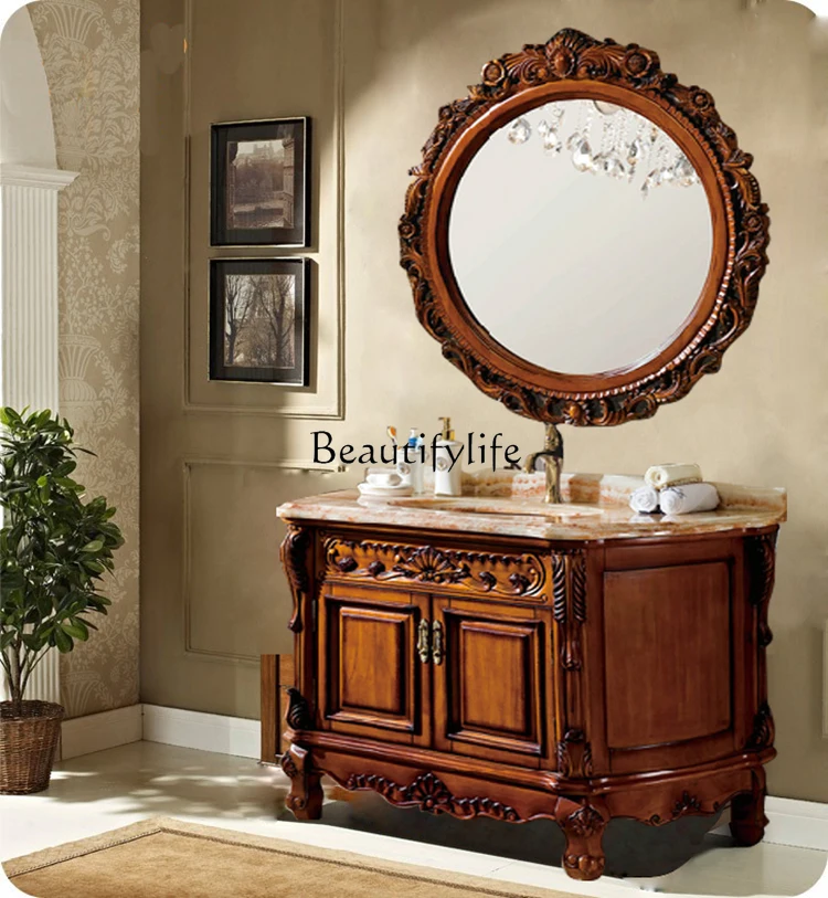 

European-Style Red Oak Antique Carved Bathroom Cabinet Floor Bathroom Cabinet Bathroom Washbasin Cabinet