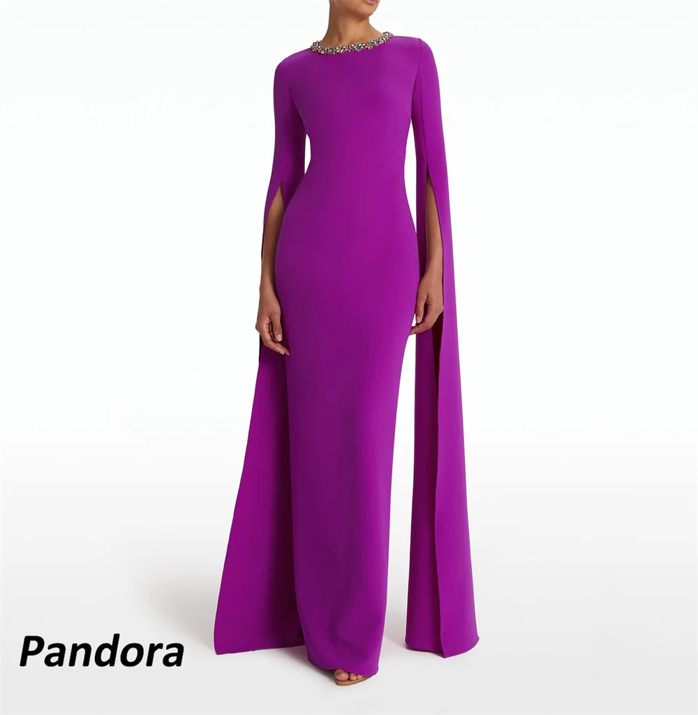 

Pandora Purple O Neck Saudi Prom Dress Crystal Long Cape Sleeves Mermaid Evening Dress with Slit Women Wedding Party Gowns