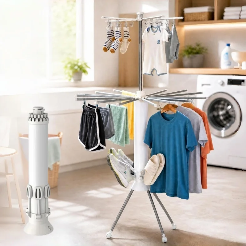 Three Tier Foldable Octopus Drying Rack Carbon Steel 16 Legs with Wheels Space Saving Clothes Hanger for Indoor Outdoor Use