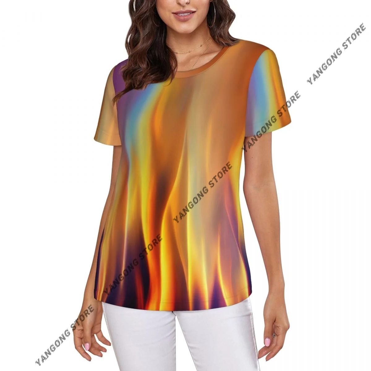 T Shirt Women Beautiful Fire Wallpaper 3D Rendering Tee Shirt Casual Round Neck Short Sleeve Streetwear Female T-Shirt