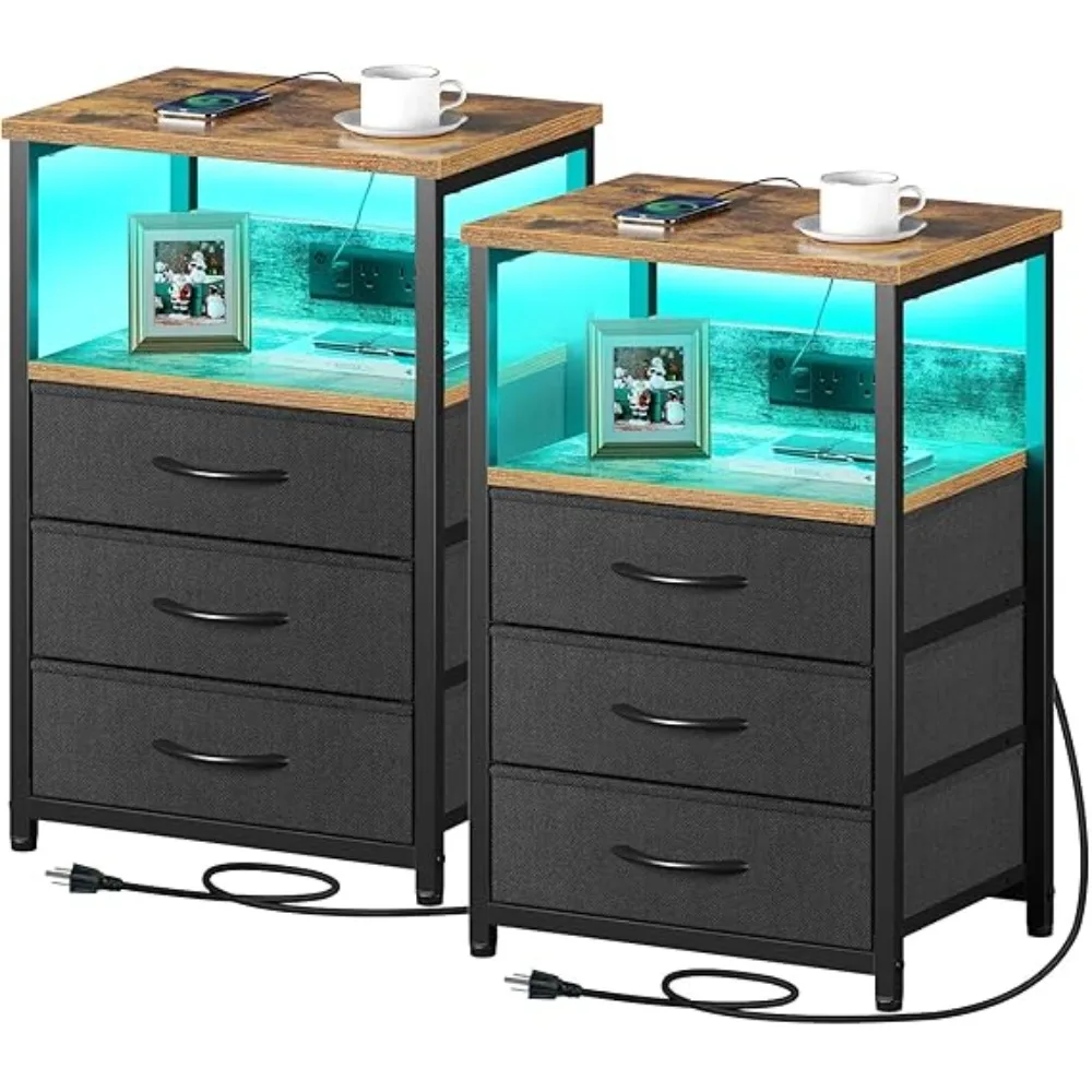 

Nightstand with Charging Station and LED Light, Side Table Fabric Drawers, Bedside End Table with USB Ports