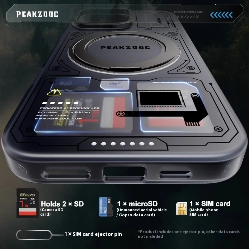 Peakzooc Cyber Memory Card Phone Case Magnetic Bracket SIM Card/SD/TF/Memory Card Storage Manager untuk IPhone 15/16 Pro Max Hadiah