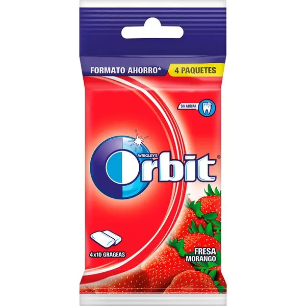 ORBIT Chicles Sin Azúcar Sabor Fresa Bolsa de 4 paquetes - PACK de 5 bolsa TOTAL 20 paquete