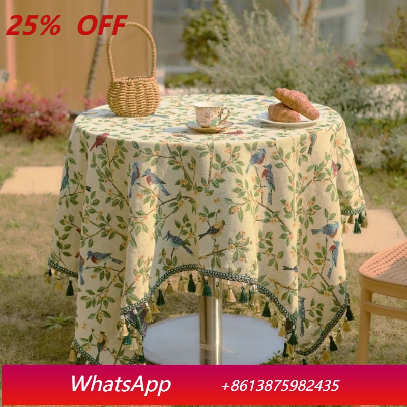 

LTT Jacquard Tablecloth Green Flower Bird Outdoor Camping Picnic Mat Fringe Coffee Table Cover Towel
