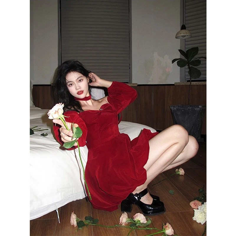 MEXZT Vintage Slash Neck Mini Dress Women Christmas Party Red Velvet A Line Dresses Winter Korean Off Shoulder Bodycon Vestidos