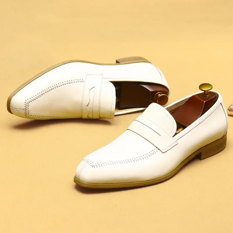 British Trend Mens Dress Shoes Loafers Luxury Genuine Leather Designer 2024 Summer New White Wedding Business Social Shoes Man