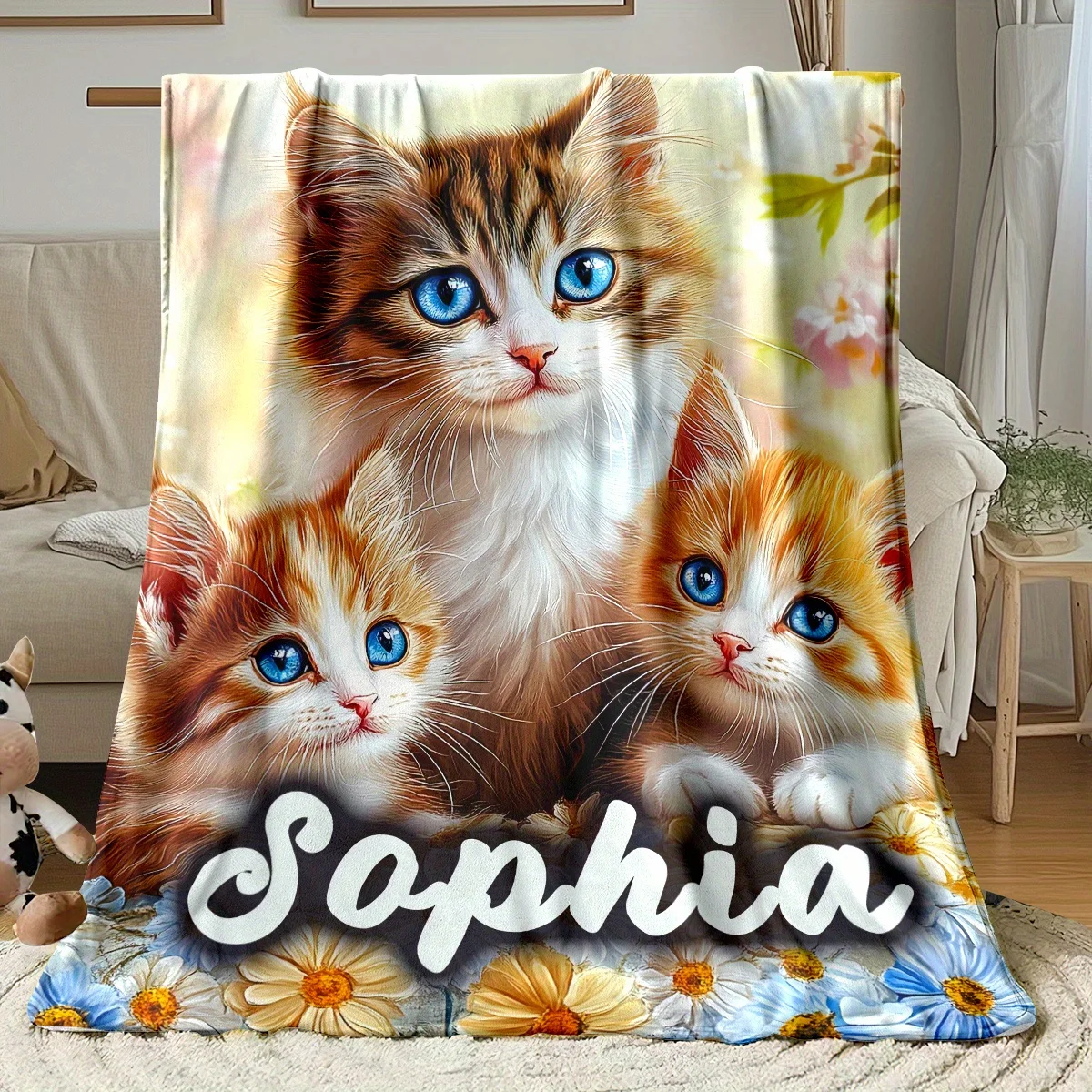 Personalisierte Flanelldecke mit individuellem Namen, Katzenfamilie, weicher Überwurf mit bezauberndem Kätzchen-Design, perfekt für Sofa, Bett, Camping, Büro